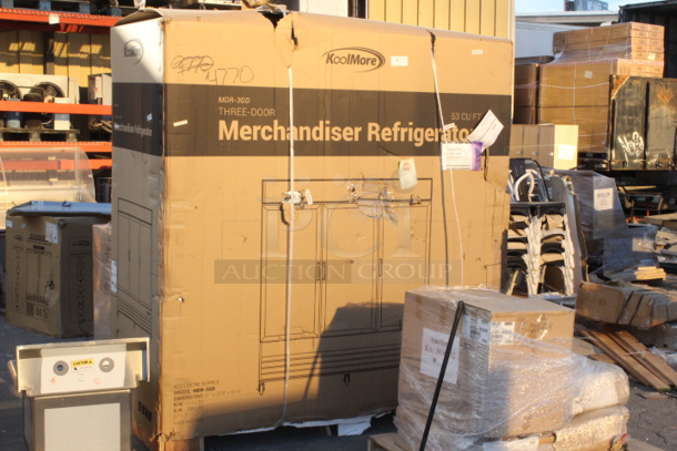 BRAND NEW SCRATCH & DENT! Koolmore MDR-3GD 78 in. Three-Door Merchandiser Refrigerator - 53 Cu Ft. Cosmetic Damage. Metal Piece on top is bent. Tested. Works.  - Image 2 of 5