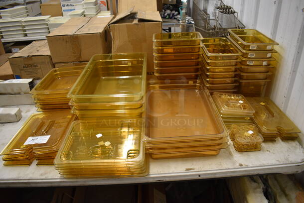ALL ONE MONEY! BRAND NEW Lot of 30 Drop In Bins, 21 Lids and 6 Straining Inserts. Includes 1/1x6, 1/3x6, 1/2x2.5