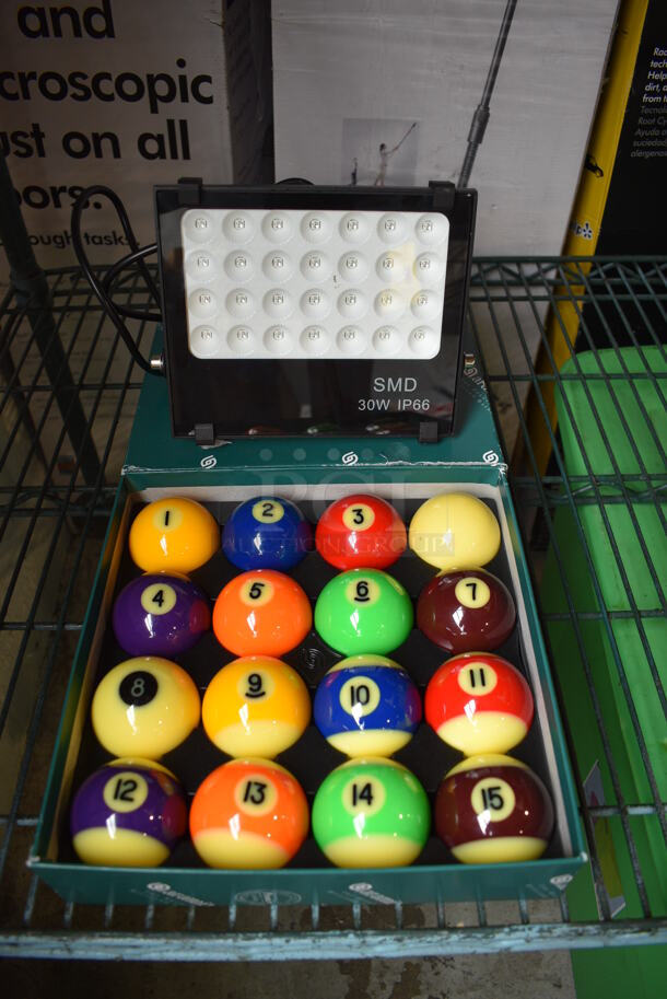 ALL ONE MONEY! Lot of LIKE NEW Aramith Glow In The Dark Pool Ball Set and SMD GL-F30 LED UV Black Light. Goes GREAT w/ Items 6-8! 2.5x2.5x2.5