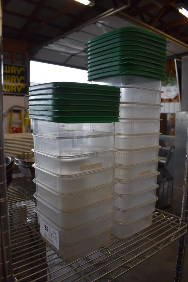 ALL ONE MONEY! Lot of 17 Cambro Clear Poly Containers w/ 17 Green Lids. 7.25x7.25x3.5 - Image 2 of 6