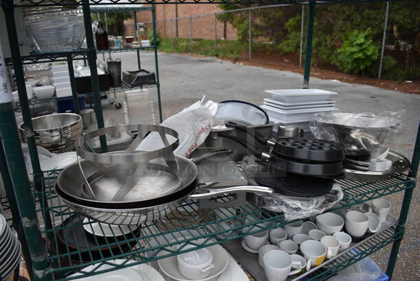 ALL ONE MONEY! Lot of 6 Tiers of Various Smallwares Including White Ceramic Plates, Mugs and Metal Bowls. Does Not Include Shelving Unit.  - Image 4 of 6