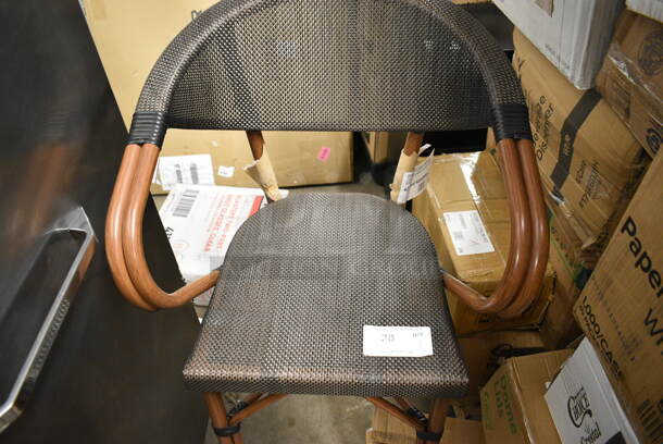 BRAND NEW SCRATCH AND DENT! 427BAFRBSBRN French Bistro Brown Teslin Outdoor Arm Barstool Bar Height Chair.  - Image 3 of 5