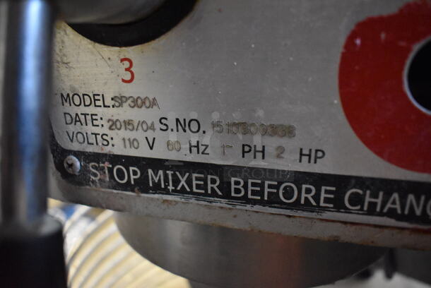 2015 Omcan SP300A Metal Commercial Floor Style 30 Quart Planetary Dough Mixer w/ Stainless Steel Mixing Bowl, Bowl Guard, Whisk and Paddle Attachments. 110 Volts, 1 Phase. 21x26x46. Tested and Working! - Image 7 of 9