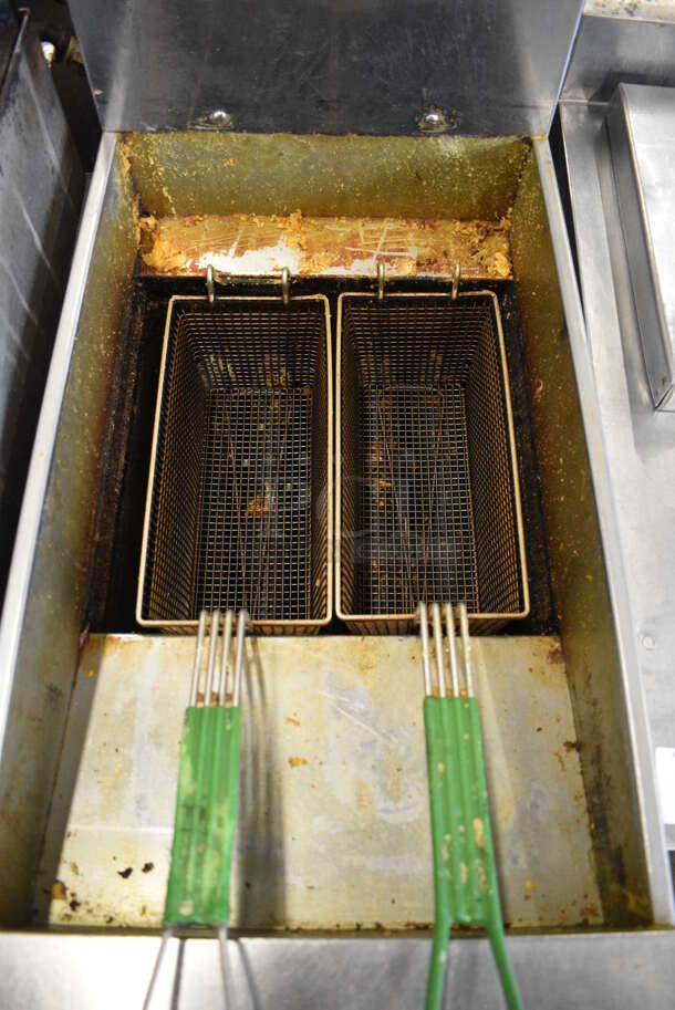 Pitco Frialator SG14 Stainless Steel Commercial Floor Style Natural Gas Powered Deep Fat Fryer w/ 2 Metal Fry Baskets on Commercial Casters. 16x34x46 - Image 8 of 8