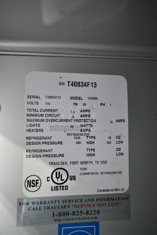 Traulsen G20000 Stainless Steel Commercial 4 Half Size Door Reach In Cooler w/ Poly Coated Racks. 115 Volts, 1 Phase. Tested and Powers On But Does Not Get Cold 
 - Image 7 of 7
