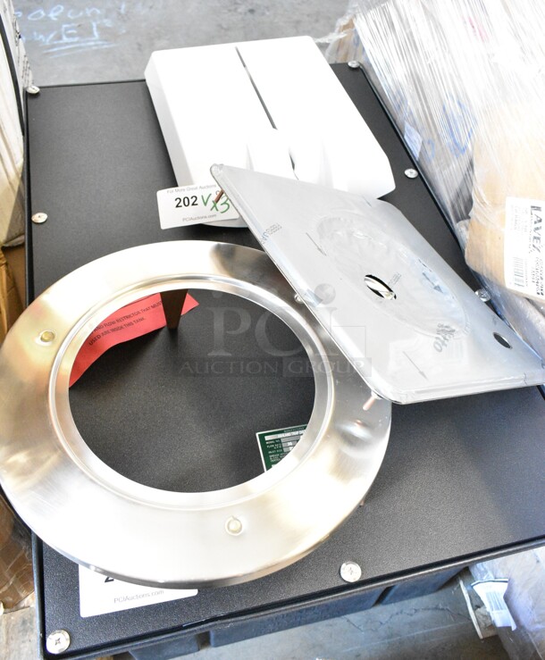 3 BRAND NEW SCRATCH AND DENT! Items Including Metal Panel, Round Metal Piece and White Poly Piece. 3 Times Your Bid!  - Image 1 of 8