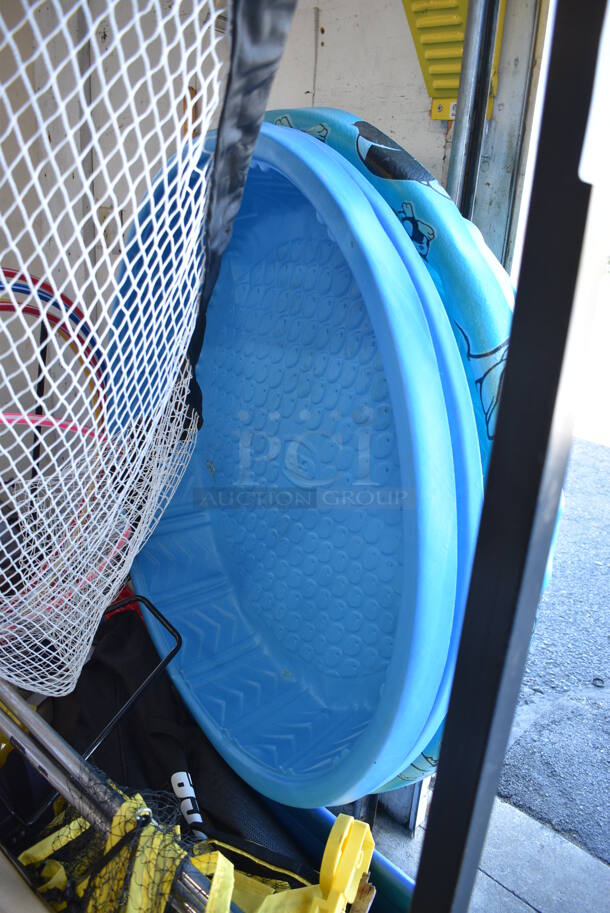 ALL ONE MONEY! Lot of Metal Rack, Goal Net, Wall Mount Metal Pull Up Bar, 3 Pools and 5 Hula Hoops - Image 3 of 7