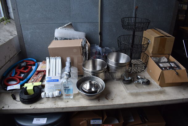 ALL ONE MONEY! Tabletop Lot of Various Items Including Wire Rack, Metal Bowls and Hand Sanitizer