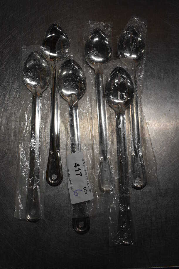6 BRAND NEW! Stainless Steel Serving Spoons; 3 Solid, 3 Straining. 15