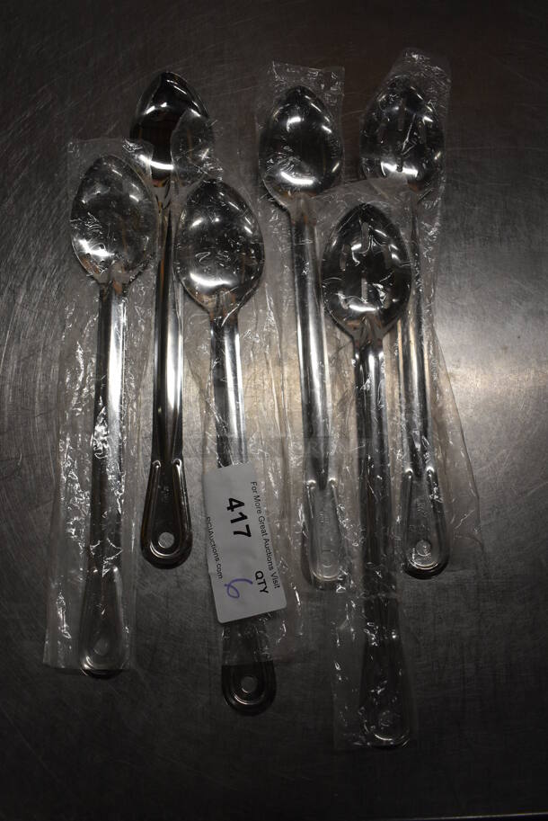 6 BRAND NEW! Stainless Steel Serving Spoons; 3 Solid, 3 Straining. 15". 6 Times Your Bid! - Image 1 of 3