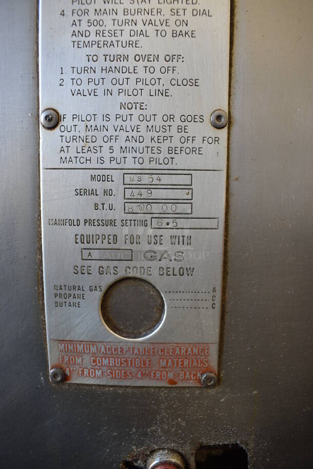 2 Bari Model MS54 Stainless Steel Commercial Natural Gas Powered Single Deck Pizza Ovens w/ Cooking Stones. 80,000 BTU. 2 Times Your Bid! 72x44x66 - Image 7 of 10
