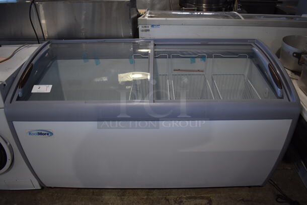 BRAND NEW SCRATCH AND DENT! KoolMore MCF-16C Metal Commercial Floor Style Freezer Merchandiser w/ Sliding Lids on Commercial Casters. 115 Volts, 1 Phase. 60x27x34. Tested and Working!