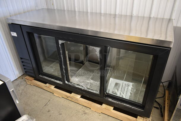 BRAND NEW SCRATCH AND DENT! Beverage Air BB72HC-1-GS-PT-B-27 Metal Commercial 3 Door Undercounter Cooler Merchandiser. See Pictures for Broken Glass. 115 Volts, 1 Phase. Tested and Working! - Image 1 of 6