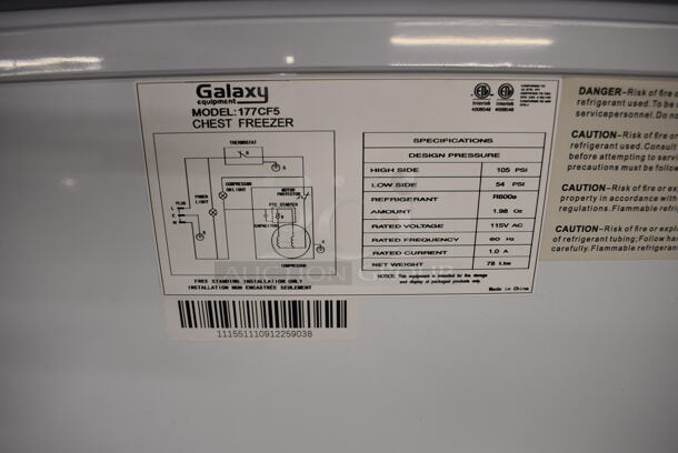 BRAND NEW IN BOX! Galaxy 177CF5 Metal Commercial 5.2 cu. ft. Chest Freezer on Commercial Casters. 115 Volts, 1 Phase. 30x22x33.5. Tested and Working! - Image 6 of 9