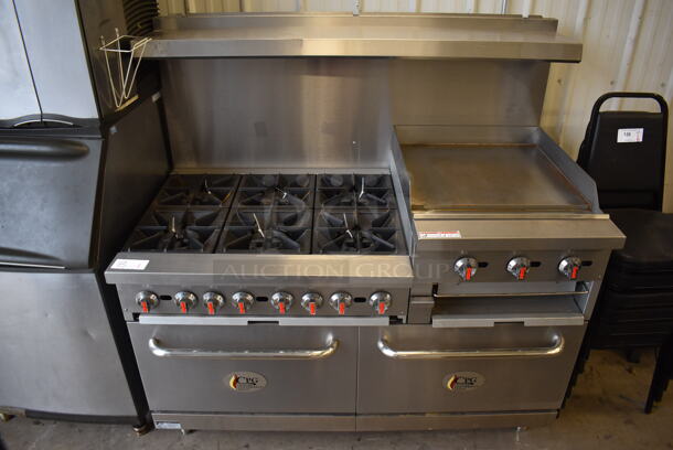 BRAND NEW SCRATCH AND DENT! CPG Cooking Performance Group S60-GS24-N Stainless Steel Commercial Natural Gas Powered 6 Burner Range w/ Flat Top Griddle, 2 Ovens, Over Shelf and Back Splash. 276,000 BTU. 60x33x60. Tested and Working!