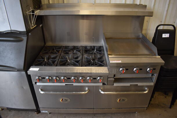 BRAND NEW SCRATCH AND DENT! CPG Cooking Performance Group S60-GS24-N Stainless Steel Commercial Natural Gas Powered 6 Burner Range w/ Flat Top Griddle, 2 Ovens, Over Shelf and Back Splash. 276,000 BTU. 60x33x60. Tested and Working! - Image 1 of 9