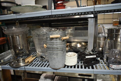 ALL ONE MONEY! Tier Lot of Various Items Including Metal Buckets, Stainless Cylindrical Bins, Utensils.