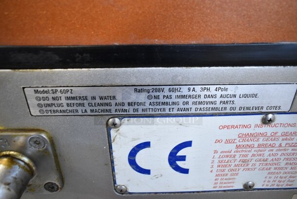 Spar SP-60PZ Metal Commercial Floor Style 60 Quart Planetary Dough Mixer w/ Metal Mixing Bowl and Dough Hook Attachment. 208 Volts. - Image 7 of 7