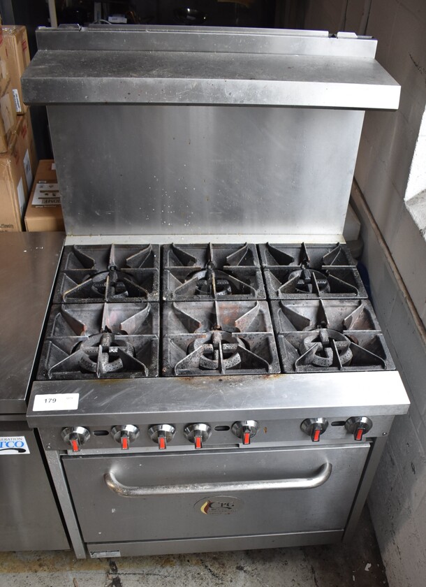 Cooking Performance Group CPG 351S36N Stainless Steel Commercial Natural Gas Powered 6 Burner Range w/ Oven, Back Splash and Over Shelf. 210,000 BTU.