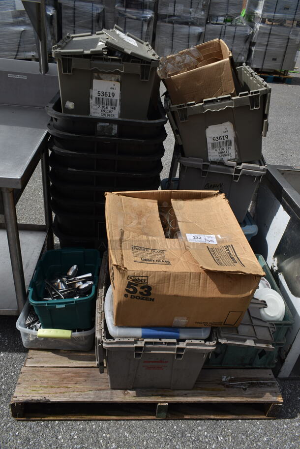 PALLET LOT of Poly Bins and Contents Including Spoons, Forks, and Glasses - Item #1108013