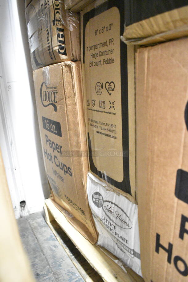 PALLET LOT of 37 BRAND NEW Boxes Including Dart 205HT1 White Foam Take Out Container with Perforated Hinged Lid 9" x 6" x 3" - 200/Case, 7072318PP Sabert Mozaik 17 1/2" x 6 1/2" White Plastic Platter / Catering Tray - 25/Case, 4 Box 394345XL Noble NexGen Powder-Free Disposable Black Hybrid 3 Mil Thick Gloves - Extra Large - 1000/Case, 129MCR24B Choice 24 oz. Black Round Microwavable Heavy Weight Container with Lid 7 1/4" - 150/Case, 129MCS28B Choice 28 oz. Black Rectangular Microwavable Heavy Weight Container with Lid 8 3/4" x 6 1/4" x 1 3/4" - 150/Case, 130WFORKWP Choice Individually Wrapped Medium Weight White Plastic Fork - 1000/Case, 433NHT10 Choice 1/6 Standard Size White "Thank You" Medium-Duty Plastic T-Shirt Bag - 1000/Case, 795PTOKFT3 Choice Kraft Microwavable Folded Paper #3 Take-Out Container 7 3/4" x 5 1/2" x 2 1/2" - 200/Case, 795PTOKFT2 Choice Kraft Microwavable Folded Paper #2 Take-Out Container 7 3/4" x 5 1/2" x 1 7/8" - 200/Case, 433W1657SACK Choice 1/6 57# White Heavy-Duty Paper Barrel Sack - 500/Case, 500CC12 Choice Clear PET Customizable Plastic Cold Cup - 12 oz. - 1000/Case, 50016W Choice 16 oz. White Poly Paper Hot Cup - 1000/Case, 70780HL Sabert Catering Pop-Top 10 3/4" Square Clear PET Hinged Lid for 80 oz. Square Bowls - 50/Case, 442BOX8CUBE Lavex 8" x 8" x 8" Kraft Corrugated RSC Shipping Box - 25/Bundle, 3 Box 128HD12COMBO ChoiceHD 12 oz. Microwavable Translucent Plastic Deli Container and Lid Combo Pack - 240/Case, 4619993HS Metro 9993HS Equivalent 3 1/2" Stainless Steel Foot Plate. 37 Times Your Bid! - Image 12 of 12
