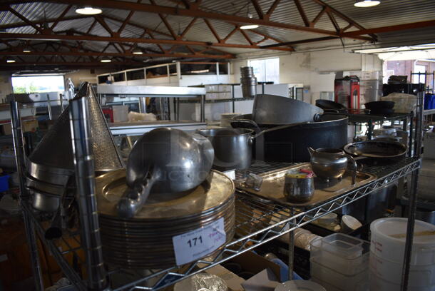 ALL ONE MONEY! Tier Lot of Various Items Including 3 China Cap Strainers, Round Metal Trays, Sauce Pan, Stock Pot, Skillet - Image 2 of 5