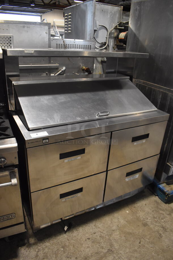 2018 Model Delfield D4448N-18M Commercial Stainless Steel Electric Powered 4 Drawer Mega Top Front Breathing Refrigerated Sandwich Prep Table On Commercial Casters. 115V/1 Phase Tested And Working!