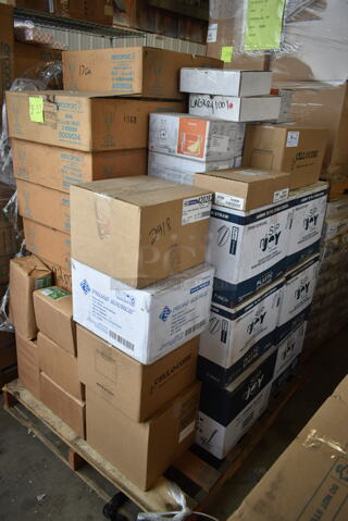 PALLET LOT of 42 BRAND NEW IN BOX! Arcoroc 8009524 Wine Glasses, Prime Source Paper Straws, Brown Paper Bags, NetChoice 420282 Straws, 510199 Straws, Sip N Joy 7" Straws, Cellocore Straws, Bormior Rocco 4912Q016 Rocks Glasses. 42 Times Your Bid!