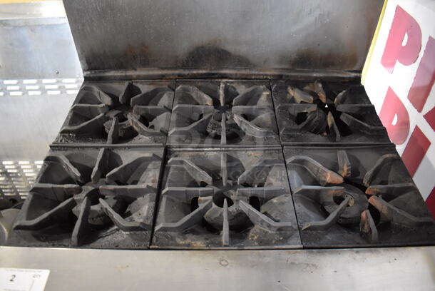 Imperial Stainless Steel Commercial Natural Gas Powered 6 Burner Range w/ Convection Oven, Over Shelf and Back Splash on Commercial Casters. 36x33x57 - Image 3 of 6