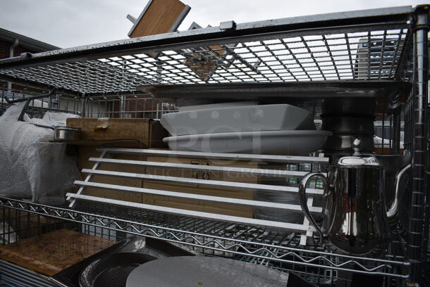 ALL ONE MONEY! Lot of Chrome Finish 4 Tier Shelving Unit on Commercial Casters w/ All Contents Including Metal Drop Ins, White Ceramic Plates. BUYER MUST DISMANTLE. PCI CANNOT DISMANTLE FOR SHIPPING. PLEASE CONSIDER FREIGHT CHARGES. 60x25x72 - Image 3 of 9