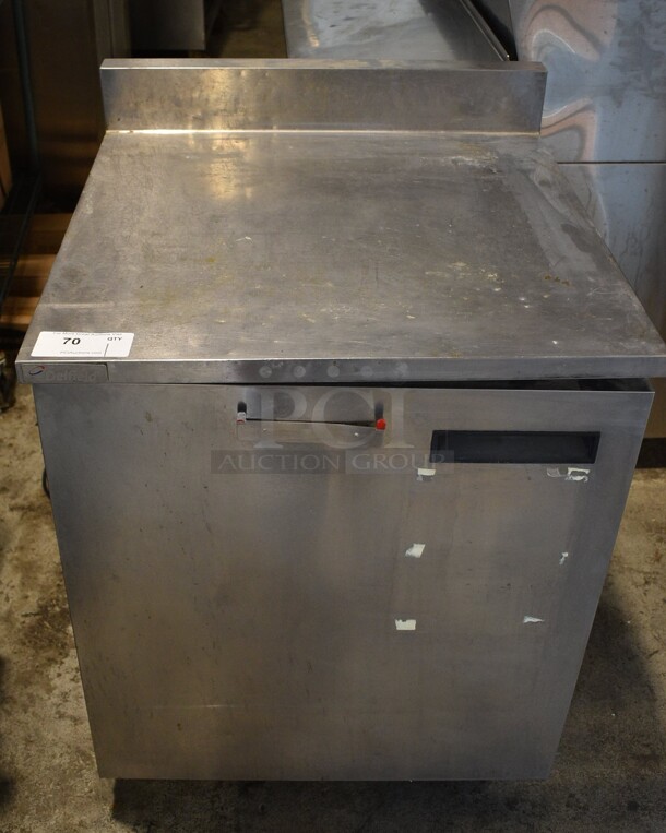 2012 Delfield Model 403-DHL-WS1 Stainless Steel Commercial Single Door Work Top Cooler on Commercial Casters. 115 Volts, 1 Phase. 27x29x37.5. Tested and Working!