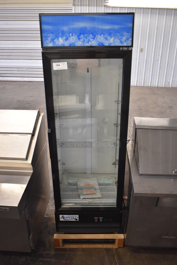 BRAND NEW! Avantco 178GDC15HCB Metal Commercial Single Door Reach In Cooler Merchandiser w/ Poly Coated Racks. 115 Volts, 1 Phase. 25x24x79. Tested and Working!