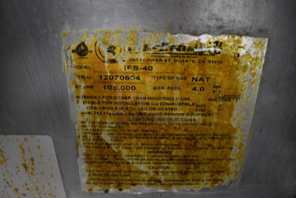 Imperial IFS-40 Stainless Steel Commercial Floor Style Natural Gas Powered Deep Fat Fryer w/ 2 Metal Fry Baskets. 105,000 BTU. 15.5x31x47. BUYER MUST REMOVE. Item Was in Working Condition on Last Day of Business. (kitchen) - Image 6 of 6