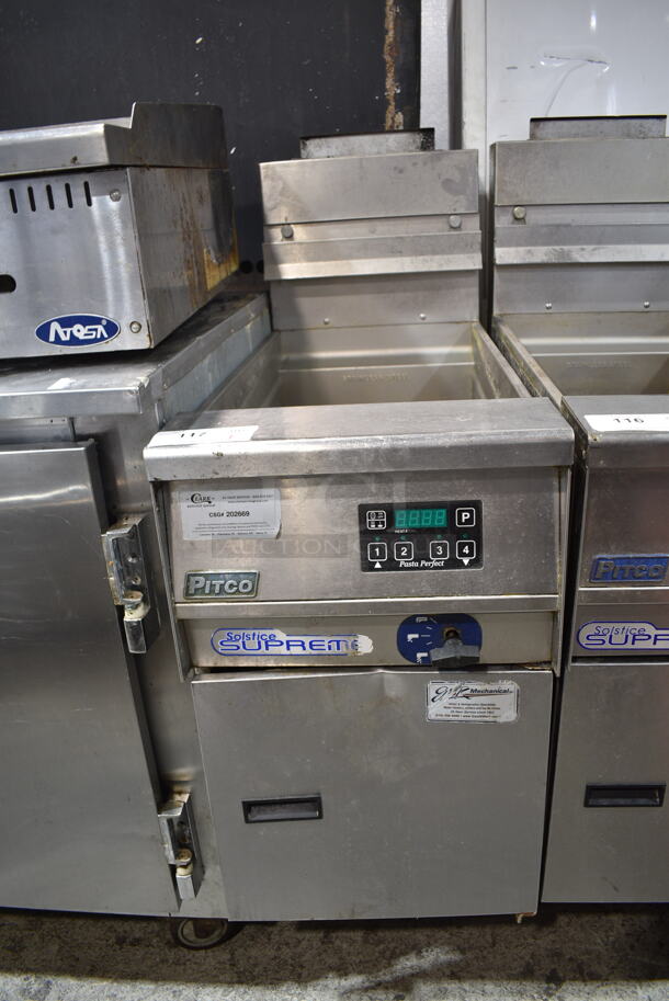 Pitco Frialator SSPG14 Solstice Supreme Stainless Steel Commercial Floor Style Natural Gas Powered Pasta Cooker on Commercial Casters. 60,000 BTU. - Image 1 of 5