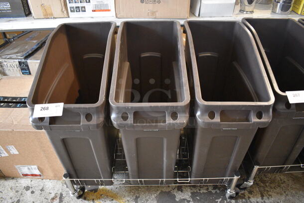 BRAND NEW! Metal Wire Cart on Commercial Casters w/ 3 Brown Ingredient Bins / Slim Jim Trash Cans. 35x22x30