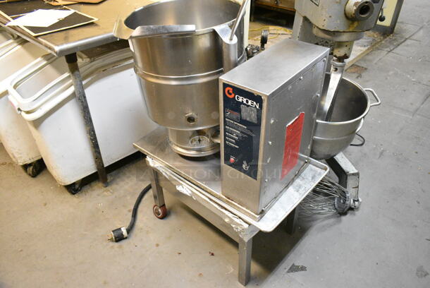 Groen TDB-40 Stainless Steel Commercial Electric Powered 40 Quart Tilting Steam Kettle on Equipment Stand w/ 2 Commercial Casters. 250 Volts. This Unit Was In Working Condition When the Restaurant Closed. (kitchen) - Image 5 of 6