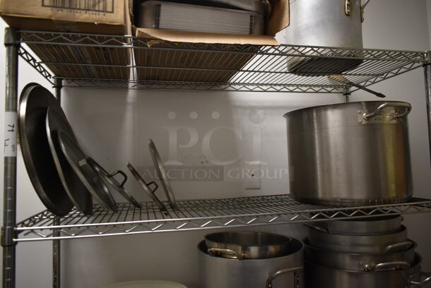 Metro Chrome Finish 4 Tier Wire Shelving Unit w/ Contents Including Metal Stock Pots on Commercial Casters. BUYER MUST REMOVE: BUYER MUST DISMANTLE. PCI CANNOT DISMANTLE FOR SHIPPING. PLEASE CONSIDER FREIGHT CHARGES. (kitchen) - Image 3 of 5