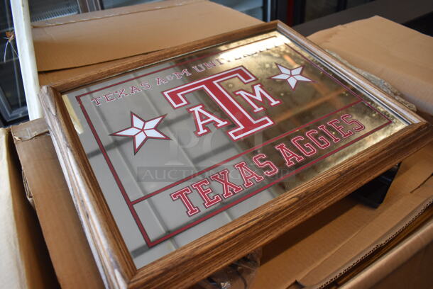 8 IN ORIGINAL BOX! Texas A&M Lighted Mirror w/ Wood Pattern Frame. 120 Volts, 1 Phase. 8 Times Your Bid! - Image 2 of 9