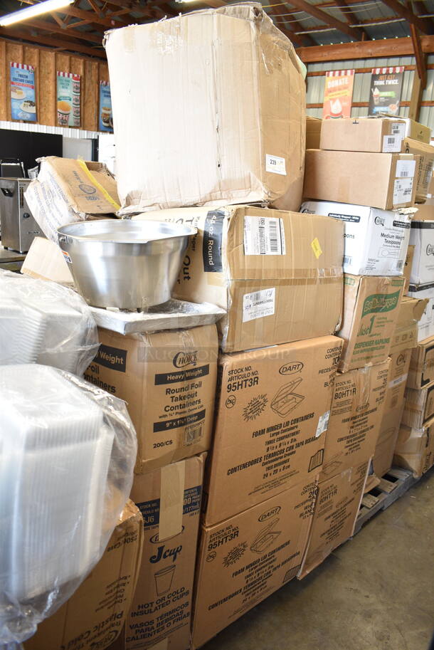 PALLET LOT of 22 BRAND NEW Boxes Including 612509PCO Choice Round Standard Weight Foil Take-Out Dome Lid, 594PSTK616 Paper Lollipop / Cake Pop Stick 6" x 5/32" - 10000/Case, 600DIB11830LD Regency Stainless Steel Sliding Lid for 18" x 30" Drop-In Ice Bins, 129MCR24B Choice 24 oz. Black Round Microwavable Heavy Weight Container with Lid 7 1/4" - 150/Case, 500HBB12 8 oz. (12 oz. Honey Weight) Bear PET Honey Bottle - 365/Case, 554LPGVFTR Backyard Pro Vegetable / Fish Tray for LPG Grills, 233393581002 Bunn 39358.1002 Stainless Steel Basket With Decals for Single and Dual Titan Coffee Brewers, Dart 6J6 6 oz. White Customizable Foam Cup - 1000/Case, 2 Box 95HT3R Dart 95HT3R 9 1/2" x 9" x 3" White Foam Three-Compartment Square Take Out Container with Hinged Lid - 200/Case, 795KFT44RNPE Choice 44 oz. Round Kraft PE-Lined Microwavable Take-Out Container 7 5/16" x 2 5/8" - 300/Case, 2 Box Dart 80HT1R 8" x 7 1/2" x 2" White Foam Square Take Out Container with Hinged Lid - 200/Case, 130WSPOONWP Choice Individually Wrapped Medium Weight White Plastic Teaspoon - 1000/Case, Cleveland FK110683 Motor, 233423881000 Bunn 42388.1000 Trifecta Cup Assembly for Bunn Trifecta Coffee Brewers. 22 Times Your Bid! - Image 1 of 12