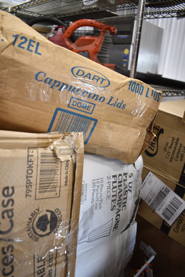 PALLET LOT of 28 BRAND NEW Boxes Including Dart 12EL White Travel Lid - 1000/Case, HP3402711100 Traulsen 340-27111-00 Shelf, HP3402600002 Traulsen 340-26000-02 Shelf, 347RPBD10WHG 10" White Plastic Plate with Gold Bands, 461202 Tork Dispenser, Eilat 426-C 9" Plates, 50012PL Cups, 500CC32P Heavy Weight Clear PET Plastic Cold Cup, 500TO993 Choice 9" x 9" x 3" Microwavable 1-Compartment Black / Clear Plastic Hinged Container - 100/Case. 28 Times Your Bid!  - Image 2 of 12