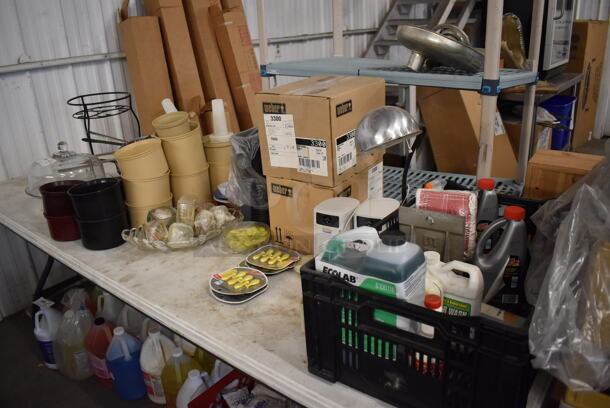 ALL ONE MONEY! Lot of Items on Tabletop Including Cleaner, Corn Cob Holders, Poly Food Baskets, Weber Fil Drip Pans and Poly Bins
