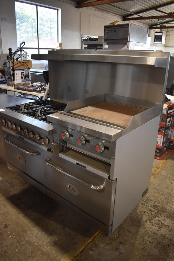 BRAND NEW! CPG S60-GS24-N Stainless Steel Commercial Natural Gas Powered 6 Burner Range w/ Flat Top Griddle, 2 Ovens, Over Shelf and Back Splash. 276,000 BTU. 60x33x60 - Image 3 of 10
