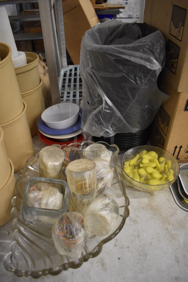 ALL ONE MONEY! Lot of Items on Tabletop Including Cleaner, Corn Cob Holders, Poly Food Baskets, Weber Fil Drip Pans and Poly Bins - Image 6 of 8