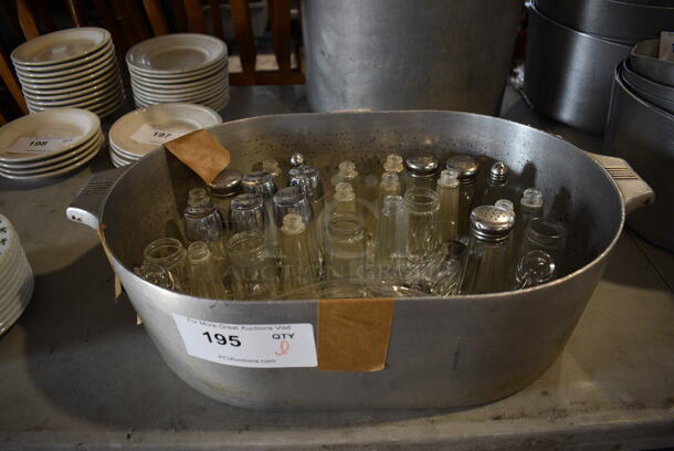 ALL ONE MONEY! Lot of Various Salt Shakers in Metal Dish. 