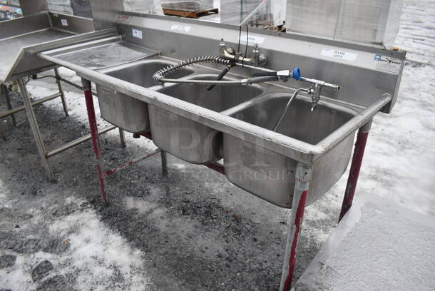 Eagle Stainless Steel Commercial 3 Bay Sink w/ Left Side Drain Board, Faucet, Handles and Spray Nozzle Attachment. 75x27x45. Bays 16x19x10. Drain Board 16x23x1 - Image 4 of 4