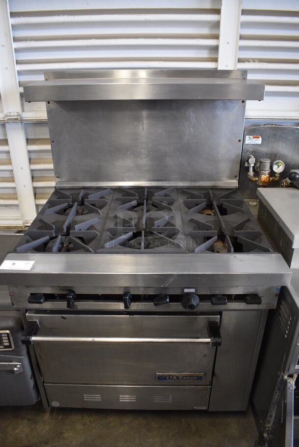 US Range Model S-6-26 Stainless Steel Commercial Natural Gas Powered 6 Burner Range w/ Oven, Over Shelf and Back Splash. 36x34x58