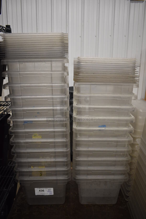 ALL ONE MONEY! Lot of 22 Clear Poly Bins w/ 24 Lids. 12x18x9 - Image 1 of 3