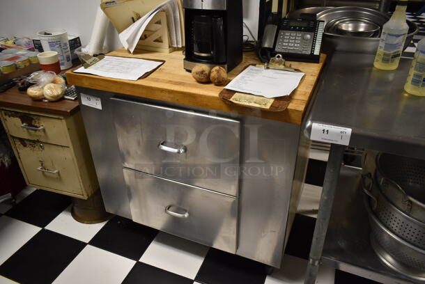 Stainless Steel Commercial Table w/ 2 Drawers and Butcher Block Tabletop. (kitchen) - Image 1 of 6