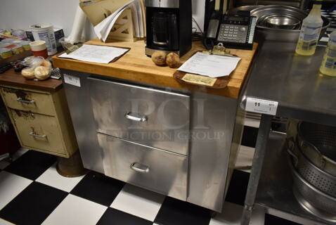 Stainless Steel Commercial Table w/ 2 Drawers and Butcher Block Tabletop. (kitchen)