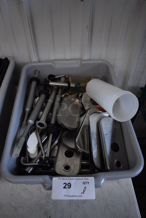 ALL ONE MONEY! Lot of Various Metal Pieces to Server Pumps in Gray Poly Bus Bin - Image 1 of 4